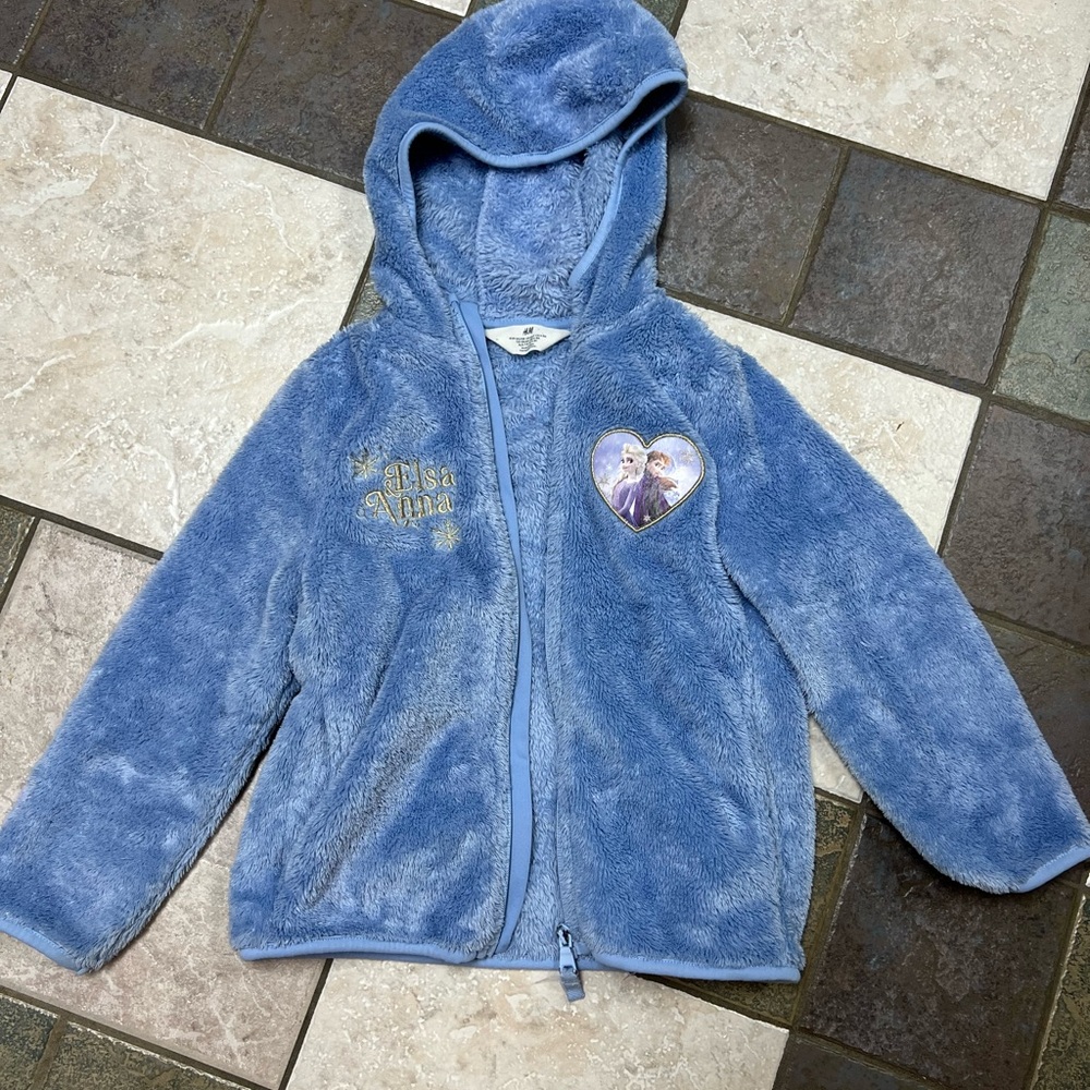H&M Girls Blue Plush Hooded Jacket with Elsa & Anna Heart Patch